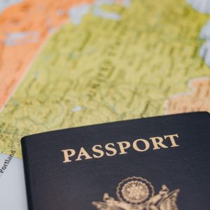 United States passport on world map